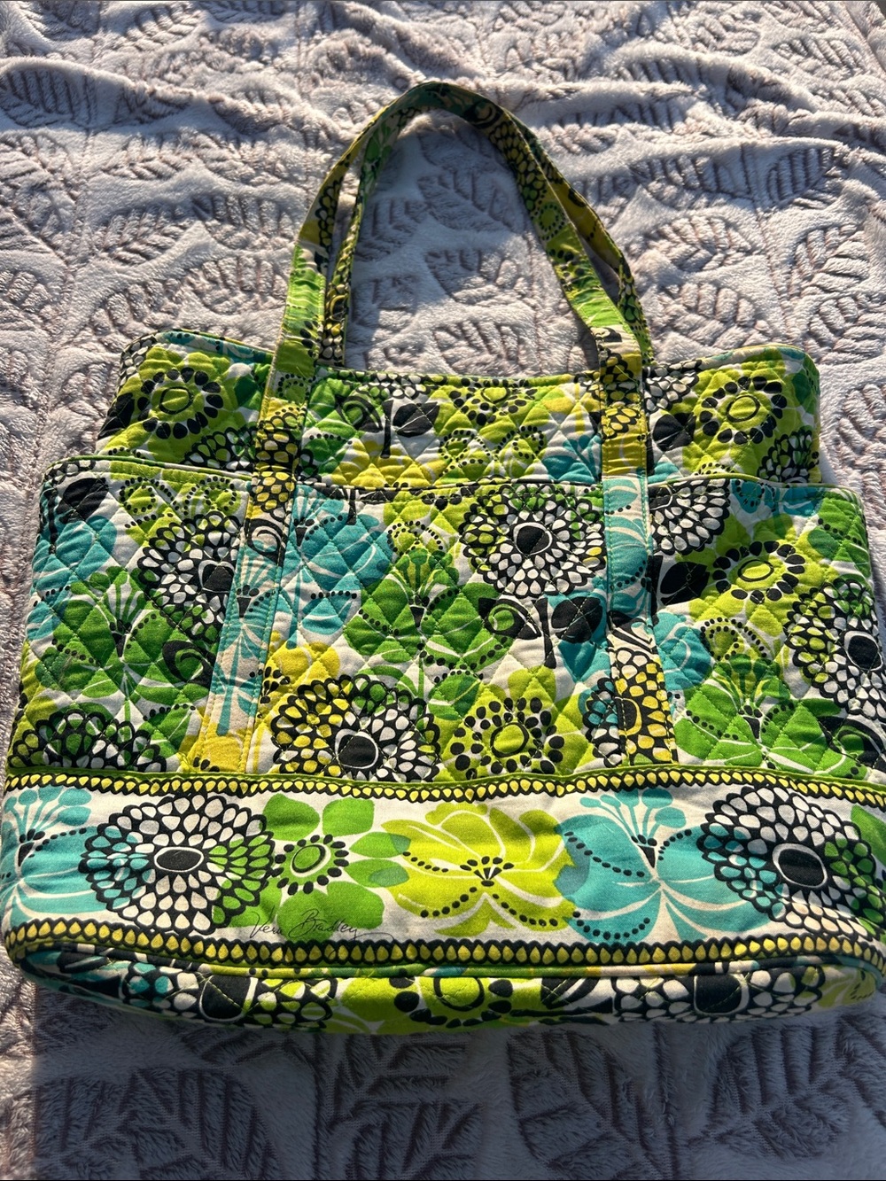Large Vera Bradley Quilted Floral Tote in Lime Green, Aqua & Black approx 16x14